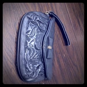 Black leather wristlet clutch